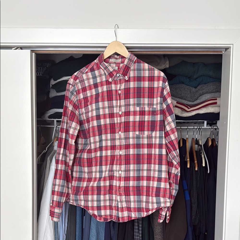 J Crew Indian Madras Classic Red Blue Men's Shirt Size Large